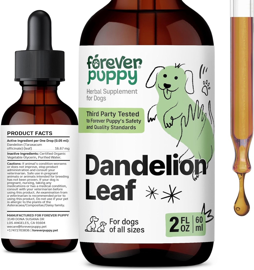 Forever Puppy Dandelion Leaf Drops for Dogs - Kidney Health Liquid Supplemento per cani grandi, medi e piccoli - Rene Cleanse Detox Drops w/Dandelion Leaves Tincture - 2 oz
