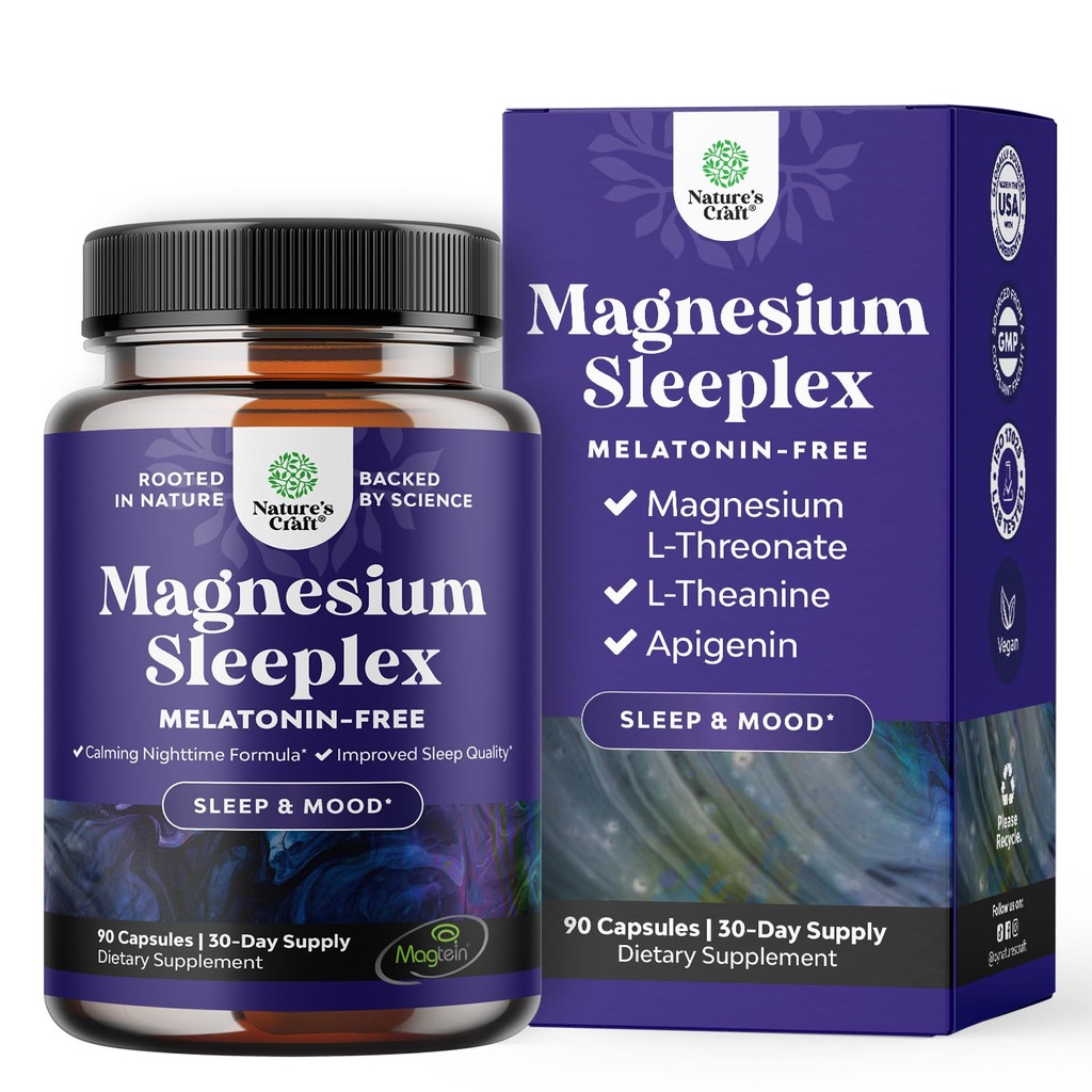 Alto assorbimento Magnesio supplemento di sonno - supporto a riposo Magtein Magnesio L-Threonate e Apigenin Theanine per il sonno e riposo per le donne e gli uomini - Mg L-Threonate Melatonin Free Sleep Aid - 90 Ct