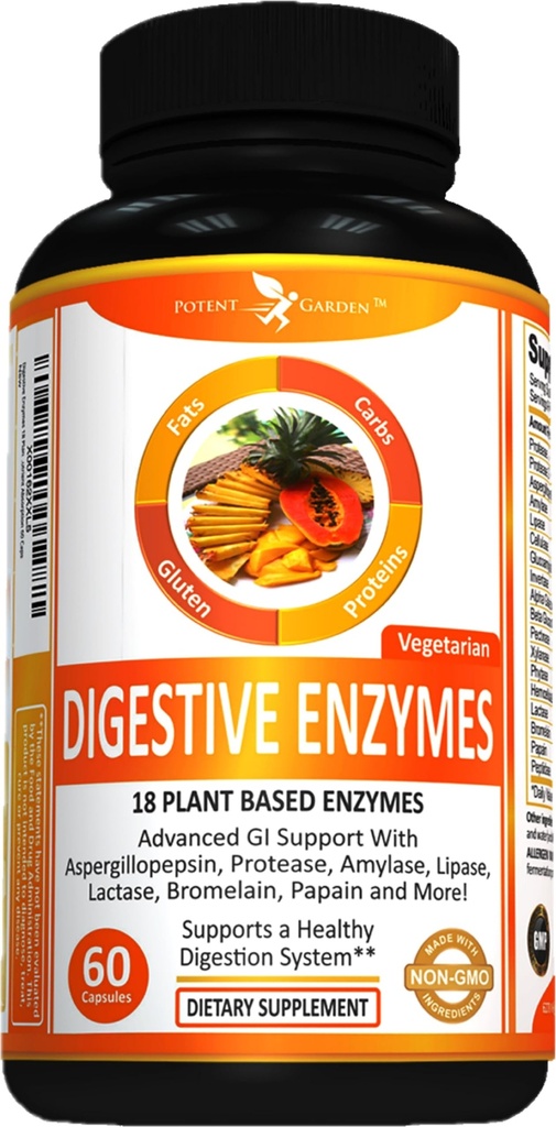 Potent Garden Digestive Enzymes -18 Enzimi basati sulle piante con bromelaina di lipasi di amilasi Lattasi di protease & Altri enzimi - Un Pillola Pre Meal Supporta la digestione sana & Absorbimento Nutriente 60 Caps