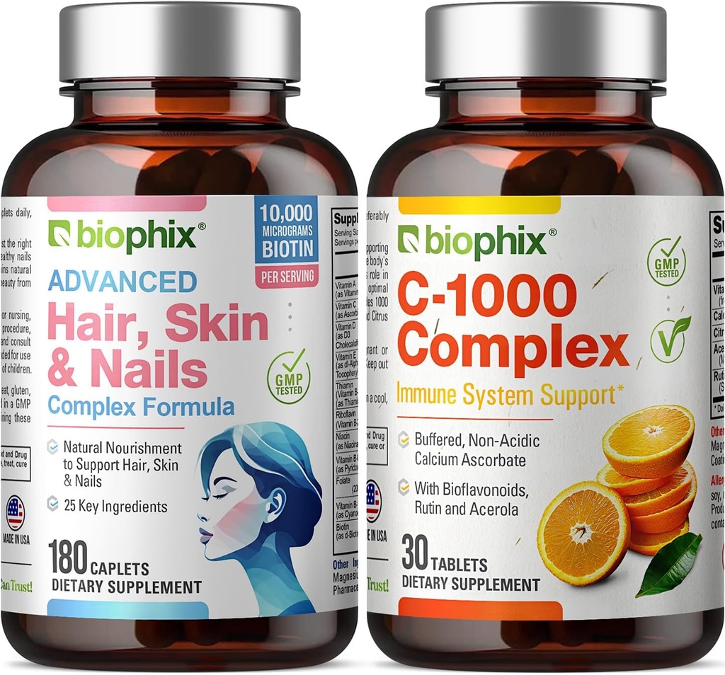 Capelli per capelli e unghie Complesso 180 con 10000 mcg Biotina - Vitamina C-1000 30 Gratuita - Multivitaminico Supporta Grandi Unghie Bellissimi Capelli Invecchiamento sano