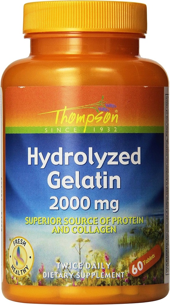 Thompson Hydrolyzed Gelatin 2000mg | Proteine & Collage Bovine-Sourced per Celle Sane & Supporto Unghie | Absorbimento potenziato | 60 compresse | Confezione di 2