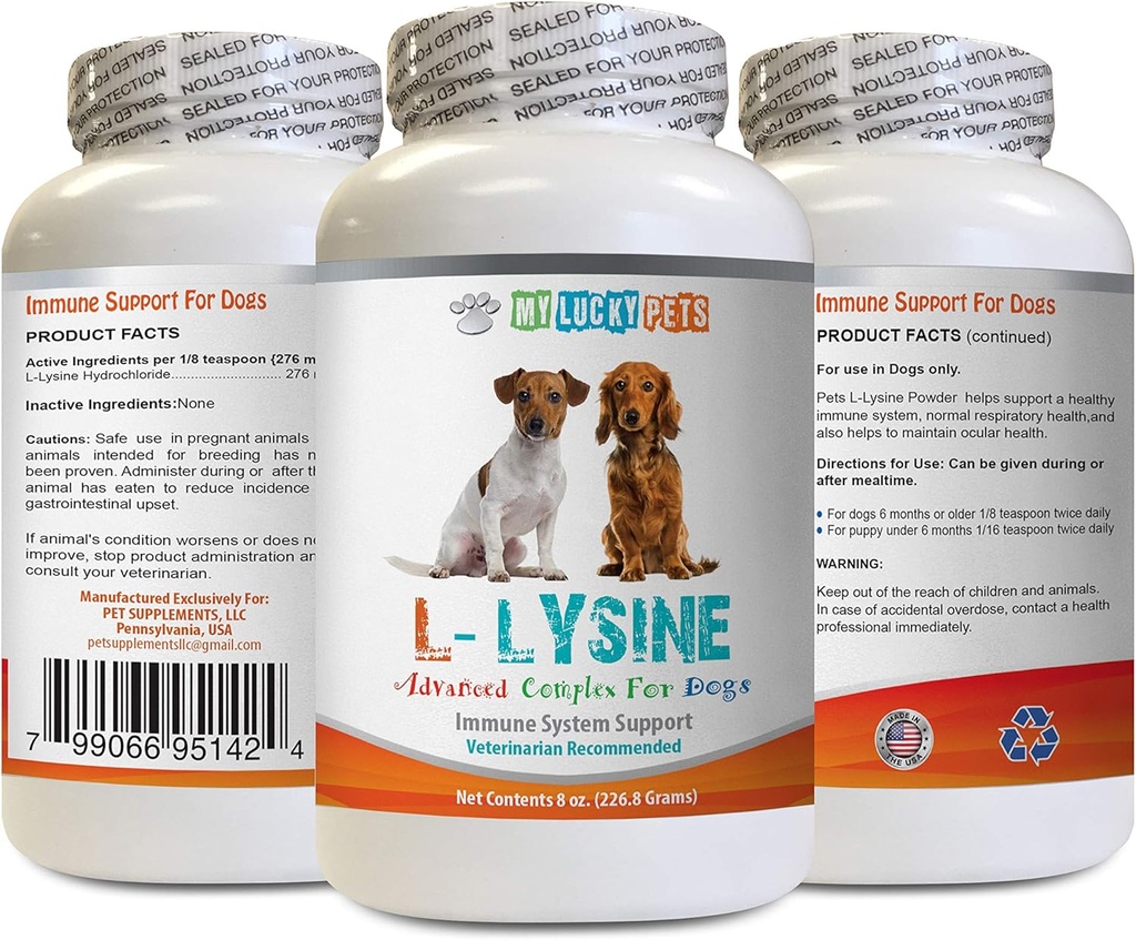Supplementi di amminoacidi per cani - Polvere di LYSINE per cani - Forma di polvere pura - Supporto di sistema immunitario - Vet Consigliato - Cani di lisina - 1 Bottiglia (8oz 226.8 Grammi)