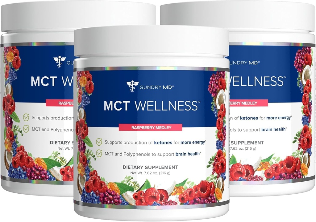 Gundry MD MCT polvere di benessere per sostenere l'energia, la produzione di chetone e la salute del cervello, Keto Friendly, Sugar Free (90 giorni di alimentazione, Raspberry Medley)