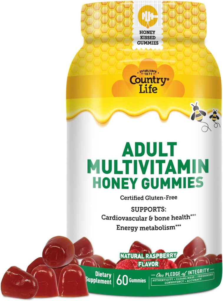 Country Life Adult Multivitamin Honey Gummies – Bone, Heart & Energy Support – Non OGM, Certified Gluten Free, Vegetariano – naturalmente addolcito – 60 Gummies