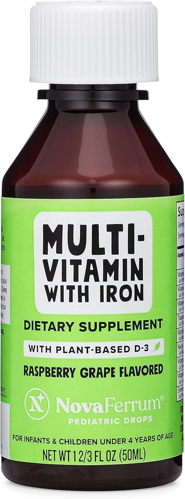 NovaFerrum Delish | Vegan Multivitamin con ferro per neonati, bambini e bambini | Supporto immunitario | Organic Plant-Based D-3 | Gluten Free | Vegan Verified | Sugar Free | 1.69 Fl Oz (50 mL)
