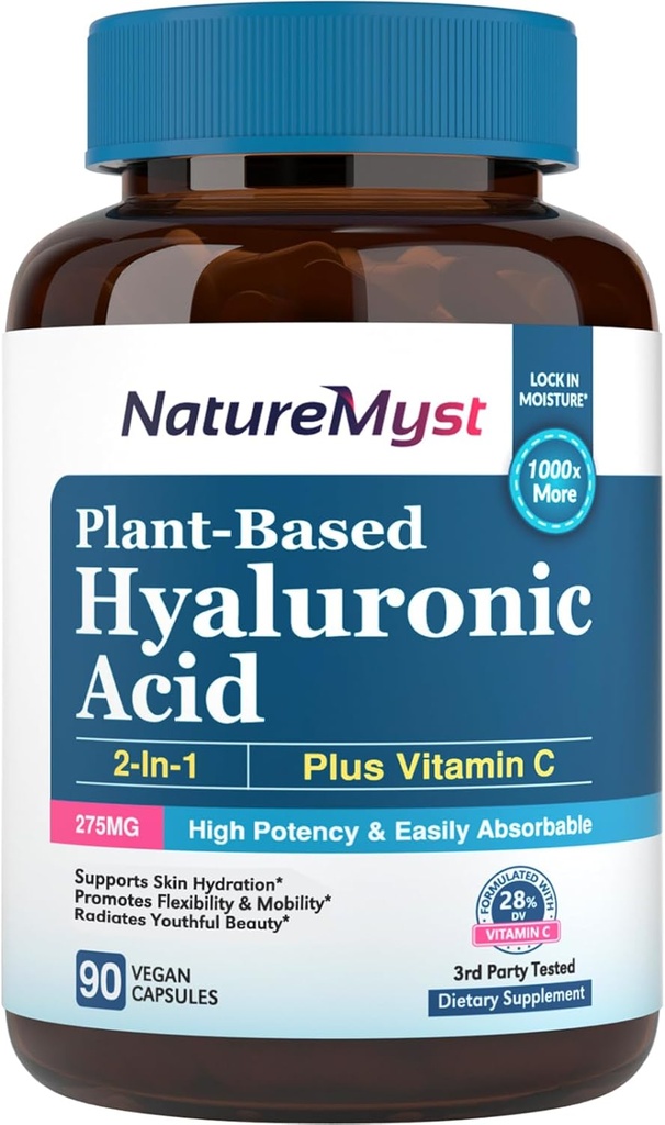 Integratore di acido ialuronico, con vitamina C, 250mg pianta-Based HA, 90 capsule vegani, per pelle & occhi, produzione di collagene, facilmente assorbibile