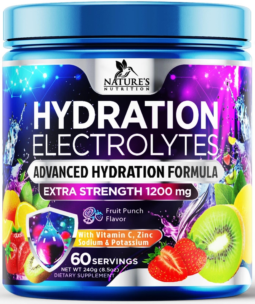 Polvere di elettrolito di idratazione 1200mg - Miscela di bevanda di rifornitore liquido giornaliero - Multiplier di elettrolita con minerali, potassio e sale reale, Keto, non OGM - Elettroliti di gusto di frutta - 60 Serve