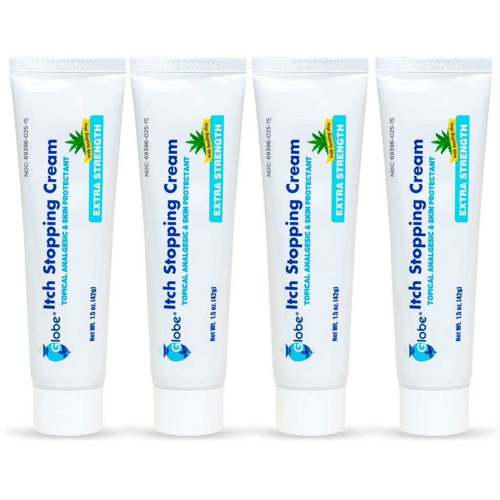 (4 Pack) Globe Extra Forza Itch Stopping Crema Anti-Itch 1.5 Oz con Blocco istamina, Difenidramina HCl Topical Analgesic & Zinc Acetate Skin Protectant per il sollievo dalla maggior parte delle prurito all'aperto