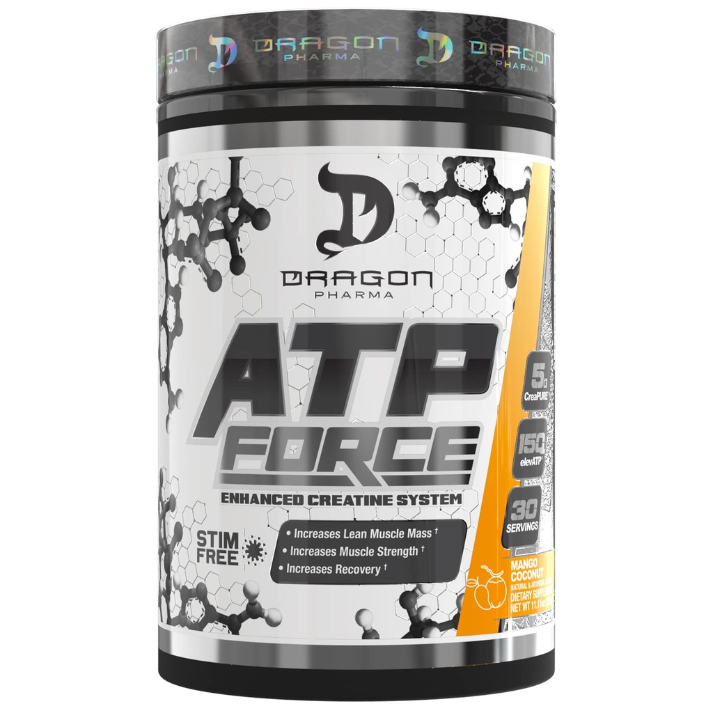 DRAGON PHARMA ATP Force Enhanced Creatine System, Stim-Free, Aumentare la massa muscolare magra e recupero, 5 Grammi di CreaPure, Migliora il flusso sanguigno (30 Serve, Cocco di mango)