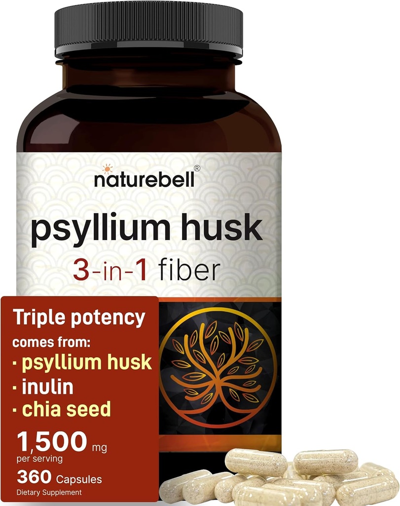 NatureBell Psyllium Husk Fiber Supplement, 1.500mg Per Serving, 360 Capsule | con Inulin & Chia Seed | Fibra Solubile Organica per la Salute Digestiva & Gut | Plant-Based, Non-GMO, Senza Glutine