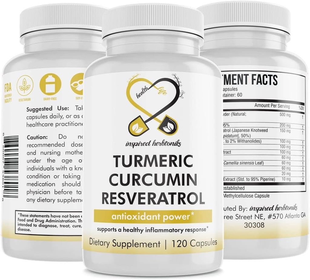 Integratore nutrizionale curcuma curcumina resveratrolo, Proprietà antiossidanti, Supporta buona infiammazione e sistema immunitario, 120 capsule vegane