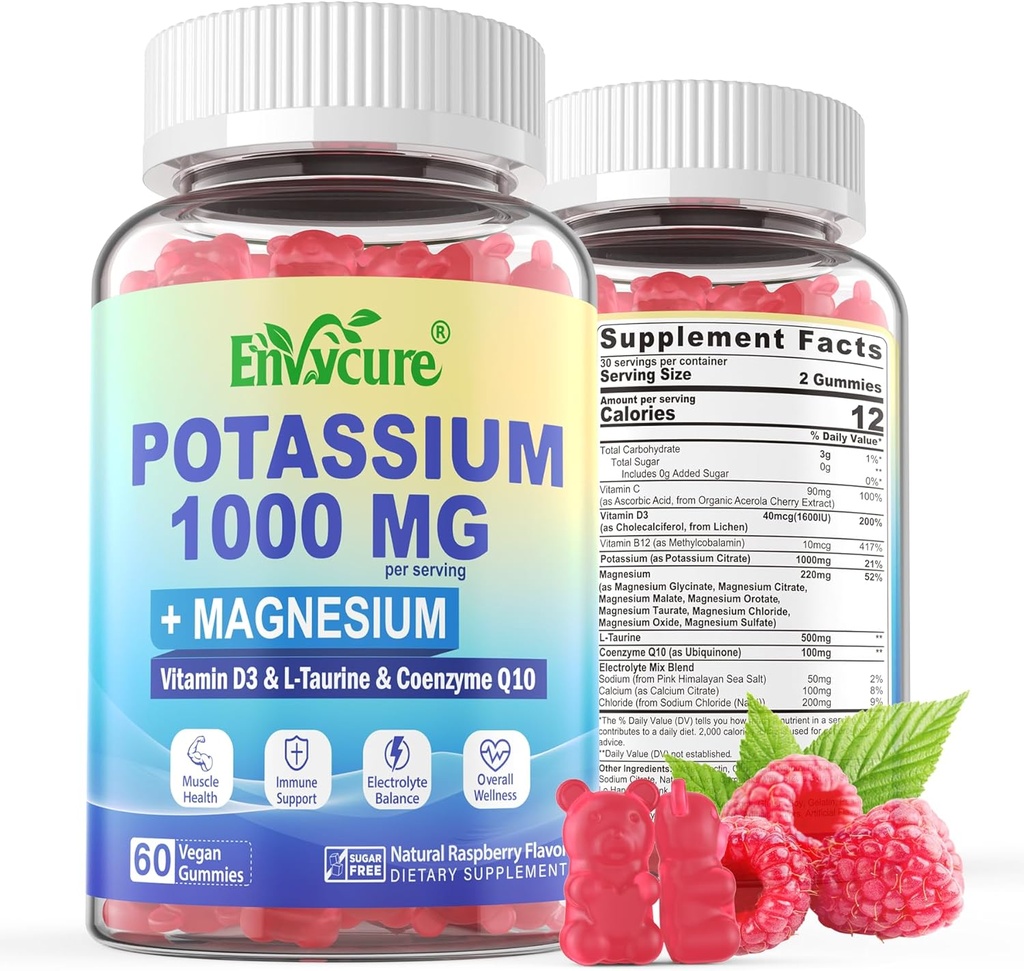 Integratore di potassio Gummies - 1000mg Citrato di potassio con Magnesio Complesso/Glycinate/Citrate, Coq10, L-Taurine, B12,D3–Electrolyte, Energia, Cervello - Supplemento di magnesio di potassio per adulti, 2Pack