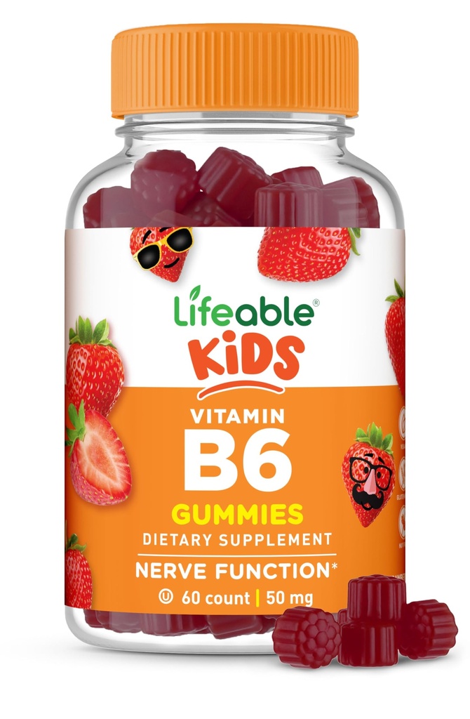 Vitamina vitale B6 Gummies per bambini | Grande degustazione B6 Vitamine 50mg | Vegan Non OGM Gluten Free | per Nerve Function Support | 60 Gummies