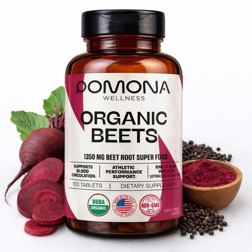 Pomona Wellness Beetroot Supplement Powder 1350mg, Supporta la pressione sanguigna, Salute del cuore, Circolazione, Energia e prestazioni atletiche, USDA Organic, Non OGM, Vegan, 100 compresse