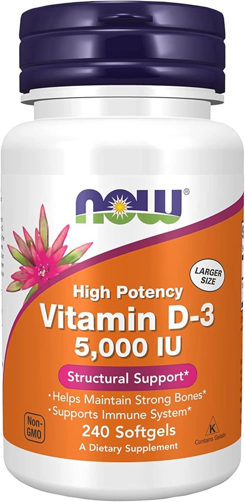 NOW Integratori, Vitamina D-3 5000 IU, Alta Potenza, Supporto Strutturale*, 240 Softgels con Portachiavi Nutrizione Mondiale