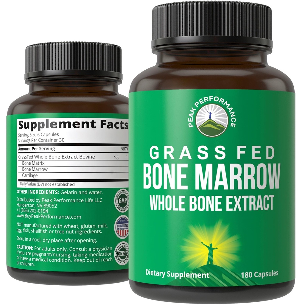 Peak Performance Grass Fed Bone Marrow - Integratore dell'estratto del chiodo 180 Capsule Pillole Superfood Ricco di collagene, vitamine e aminoacidi. da Bone Matrix, Marrow, Cartilage. Tavole ancestrali