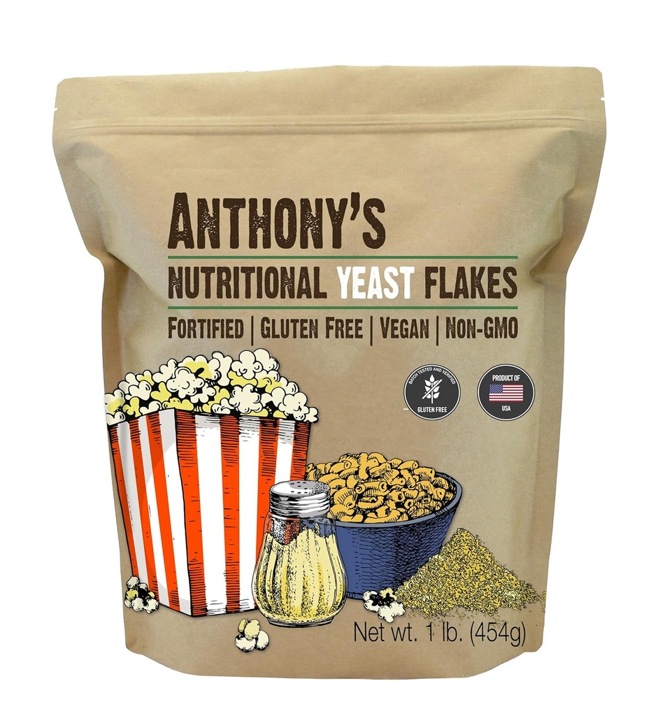 Anthony's Premium Nutritional Yeast Flakes, 1 lb, Fortified, Gluten Free, Non OGM, Vegan