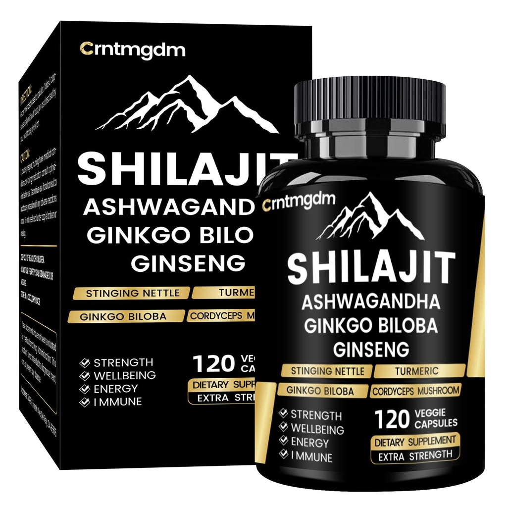 Shilajit Capsule - 20.000mg Pure Himalayan Organic Shilajit per gli uomini e le donne con Ashwagandha, Supporta la vitalità e il benessere, Premium Shilajit Pure Himalayan Supplement, 120 Capsule