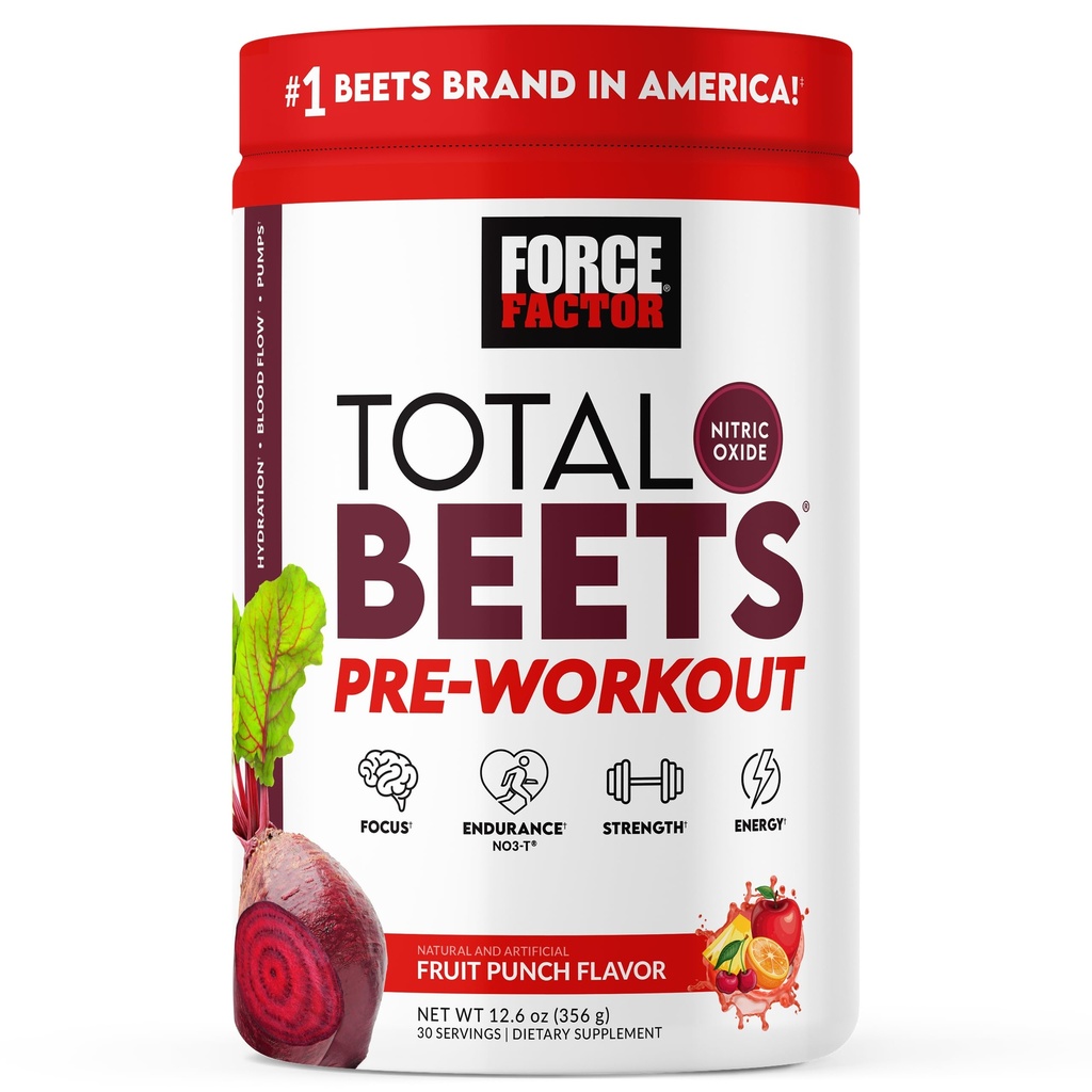 FORCE FACTOR Total Beets Pre-Workout Polvere per aumentare l'energia e l'eccedenza, aumentare la resistenza, e migliorare il flusso sanguigno e pompe, Nitric Oxide Supplement with Beet Root Powder, Fruit Punch, 30 Servings
