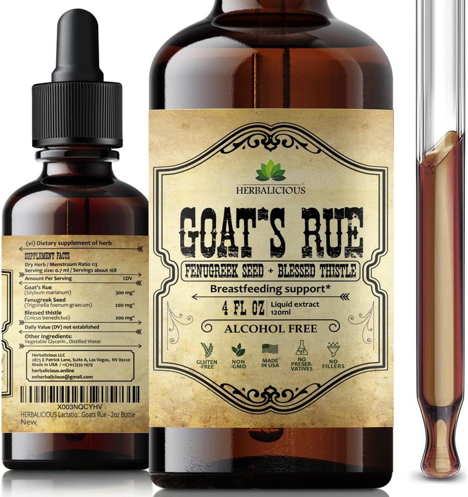 HERBALICIOUS Goat's Rue Liquid Extract 4 fl oz - Natural Herbal Tincture with Goat's Rue, Fenugreek Seeds, Benedict Thistle - Alcohol Free Non-GMO Lattazione Supplemento per il latte materno aumentato