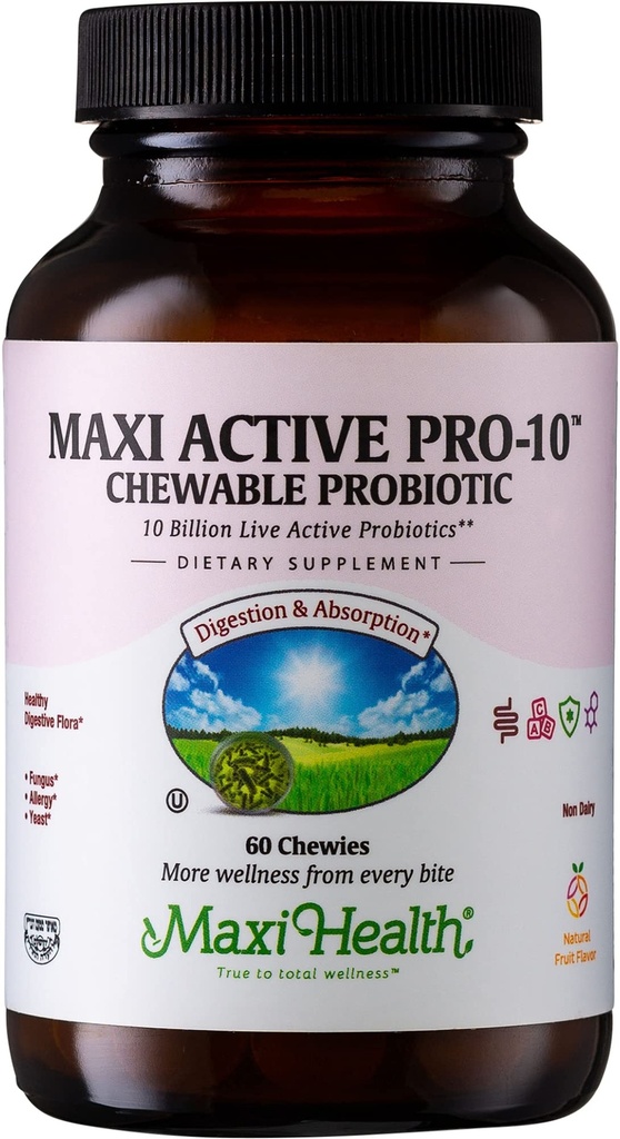 Maxi Salute Attivo Pro-10 Bambini Masticabili Probiotici – 15 Stin per la salute digestiva e immunitaria – 10 Miliardi di Probiotici Frullato-Free, Kosher – Supporta la salute del fegato, Vegetariano – 60 ct (Stabile da bagno)