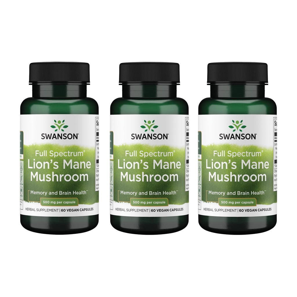 Swanson Lion's Mane Mushroom - Tradizionale Booster del cervello Supplemento fatto da Hericium Erinaceus (60 capsule, 500mg ogni) 3 confezione