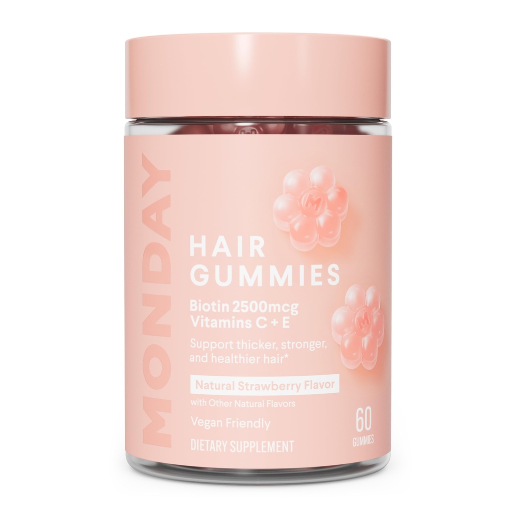 MONDAY HAIRCARE Gummie per capelli con 2500 mcg Biotina, Vitamina C & Vitiman E per capelli più spessi, più forti e più sani 60ct