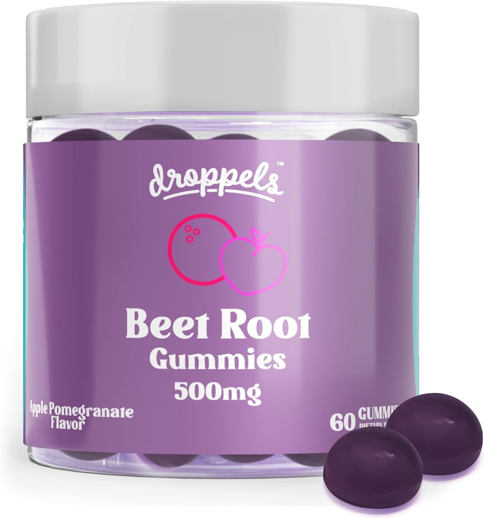 Gocce barbabietola barbabietola con polvere di barbabietola 500mg, estratto di semi di uva 300mg, vitamina B12 & Niacin | Vegan, Pectin-Based & Non-GMO Beetroot Supplement, Mele Pomegranate Flavor, 60 Conte