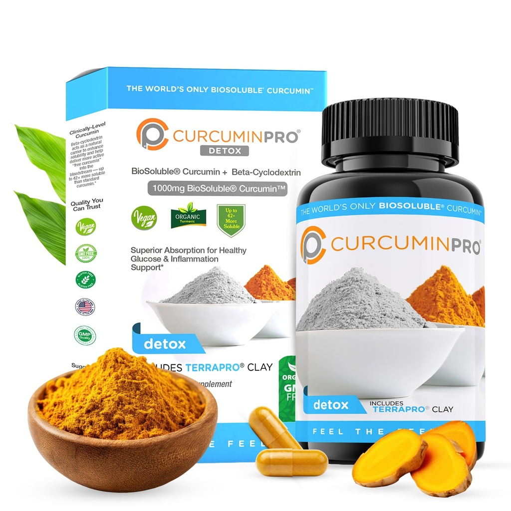 curcuminpro Detox Capsule | Integratore di curcuma organico con BioSoluble BCD & Natural Bentonite Clay | Miscela di curcumina Vegan ad alto assorbimento per Gut e benessere cardiaco | 60 Conte