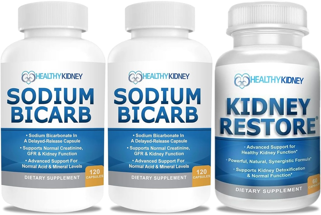 Sodio Bicarbonato 650mg Capsule per Acid Relief, Alkalinity 120 Pills 2-Pack + Restore Rene Cleanse e Kidney Health Supplement, 60 caps