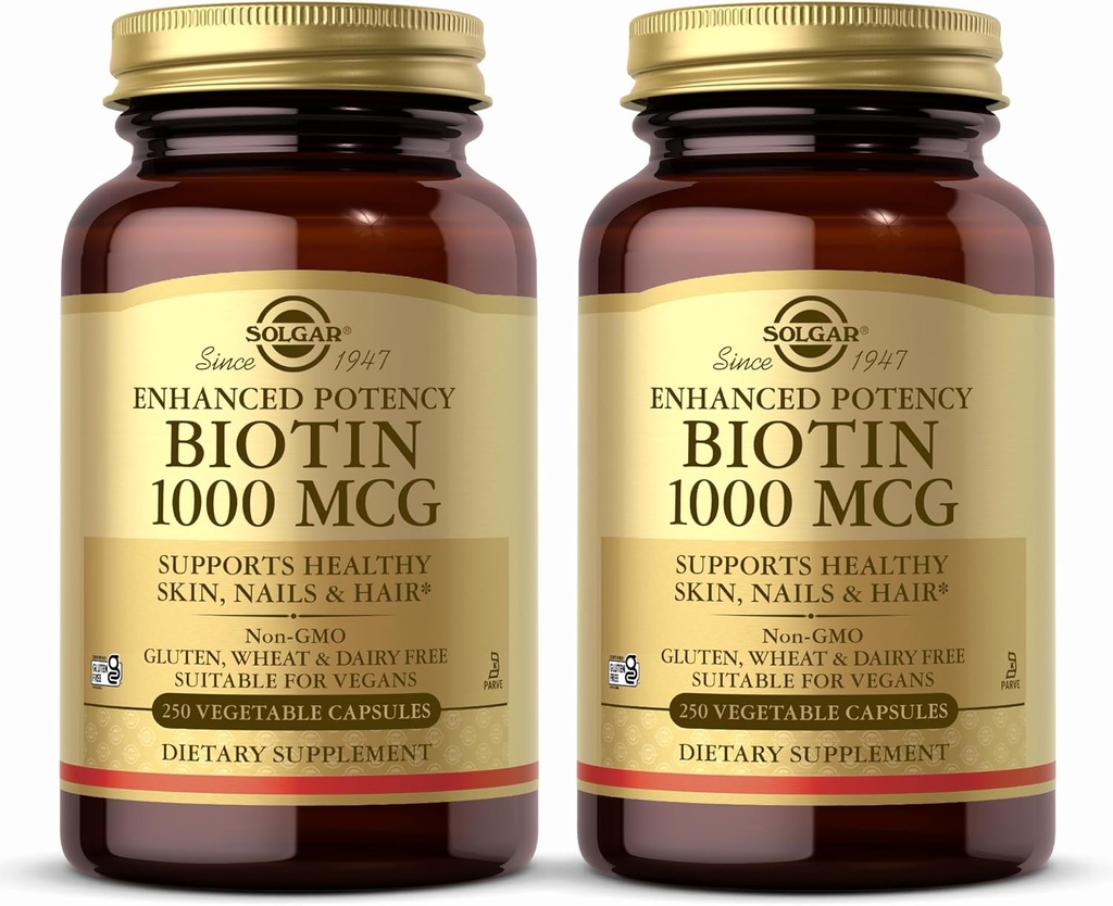 Solgar Biotin 1000 mcg, 250 capsule vegetali (Pack of 2) - Supporta pelle sana, unghie e capelli - Metabolismo energetico - Potenziamento potenziato - Non OGM, Vegan, Gluten Free, Dairy Free, Kosher - 500 Servings
