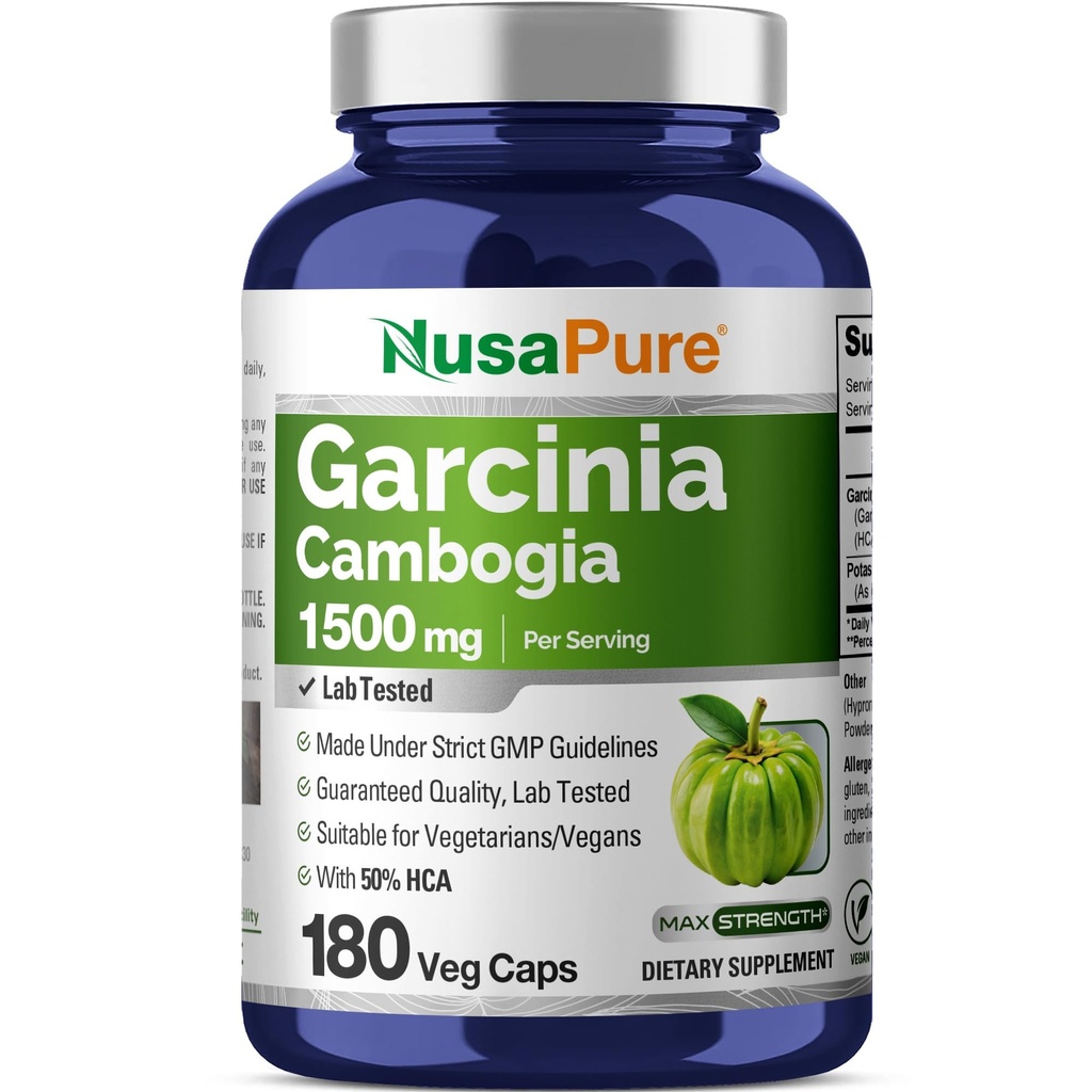NusaPure Garcinia Cambogia 180 capsule vegetali 1500mg (Vegetarian, Non OGM, Vegan)