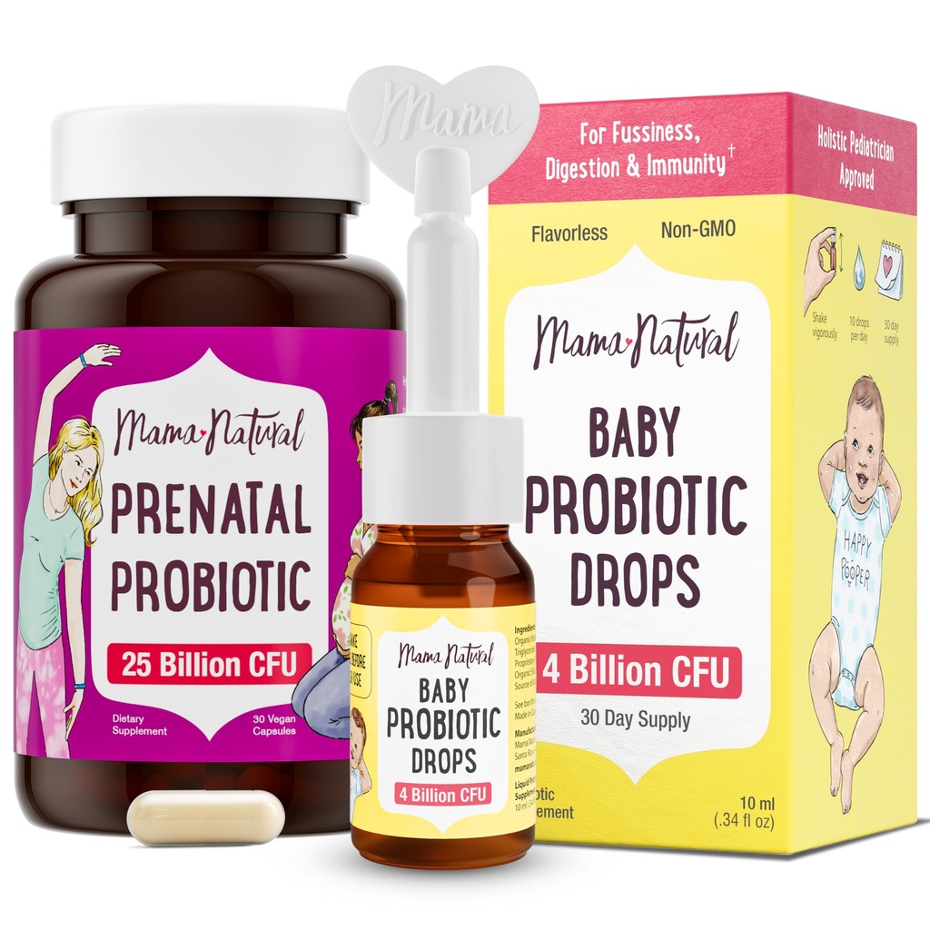 Mama Probiotico Naturale & Baby Probiotic Drops Bundle – Gut, Vaginal & Immune Supporto per la mamma + Comfort digestivo per il bambino con probiotici infanti – Bundle & Save