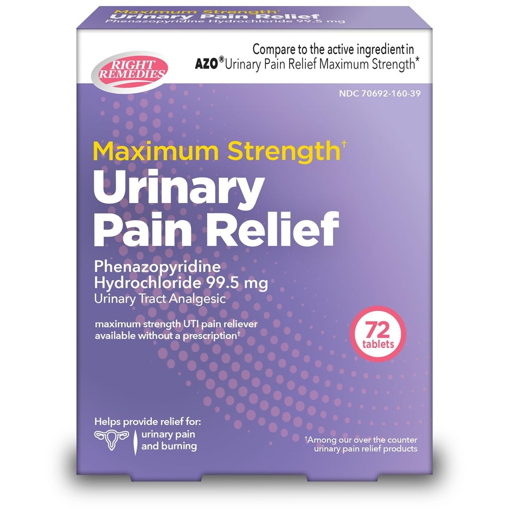 Urinary Pain Relief Phenazopyridine HCl 99.5mg compresse | Massima resistenza OTC per il sollievo veloce del dolore UTI, bruciore e disagio della vescica | Generico AZO Massima resistenza (72 Conte)