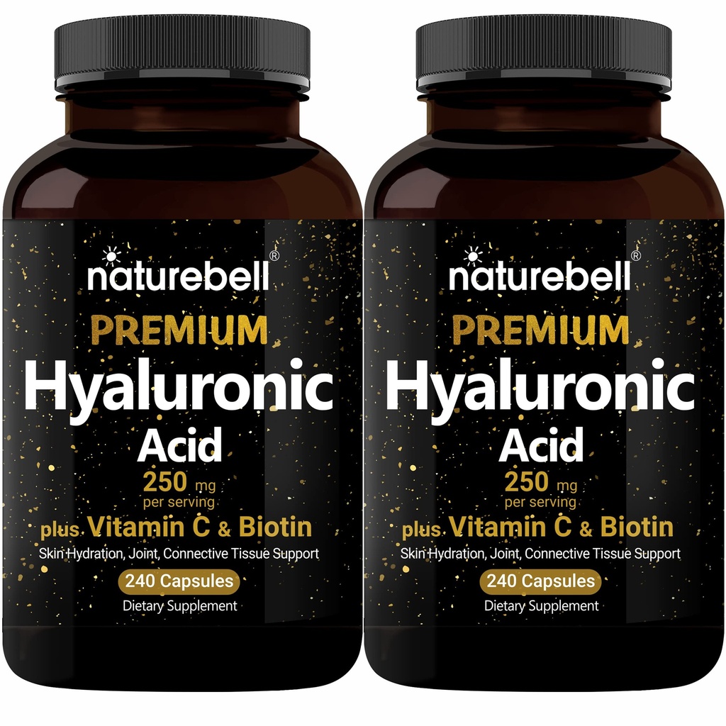 L'acido ialuronico a base di piante 2 pacchetti 250 mg con 25 mg Vitamina C & Biotin 5000mcg, 480 capsule totali | Essential per la crescita dei capelli, supporto misto, & pelle idratante | Non OGM