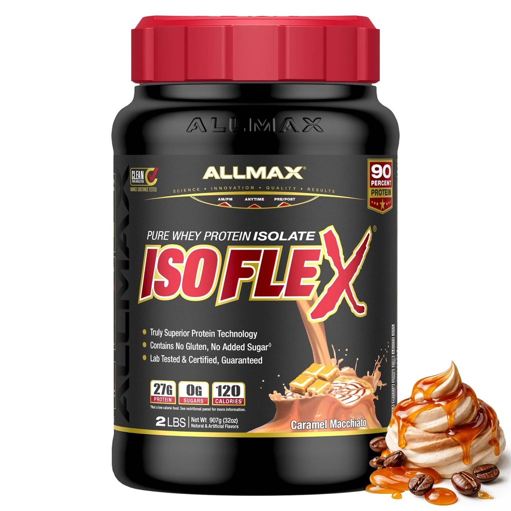 ALLMAX Nutrition ISOFLEX Isolato di proteine del siero, Caramel Macchiato - 2 lb - 27 Grammi di Proteine Per Scoop - Zero Fat & Sugar - 99% Lattosio Libero - Gluten Free & Soy Free - Circa 30 Serve