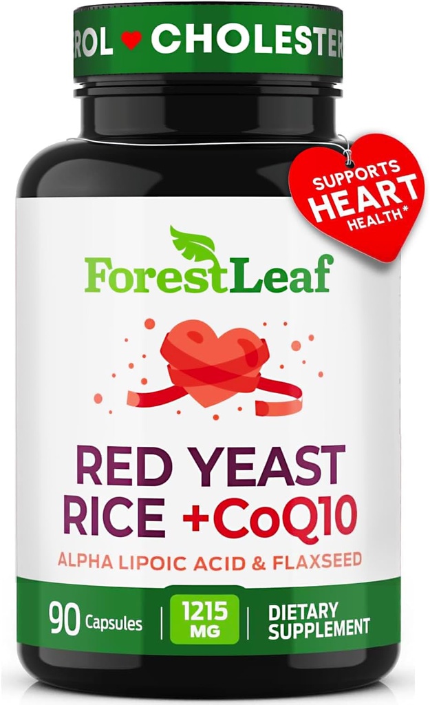 Riso di lievito rosso 1215 mg. Capsule - lievito di riso rosso ad alta resistenza con CoQ10 Supplemento, Plus Acido lipoico alfa & Flaxseed organico, Citrinin Free, Supporta la salute cardiovascolare, Non-GMO 90 Caps di verdure