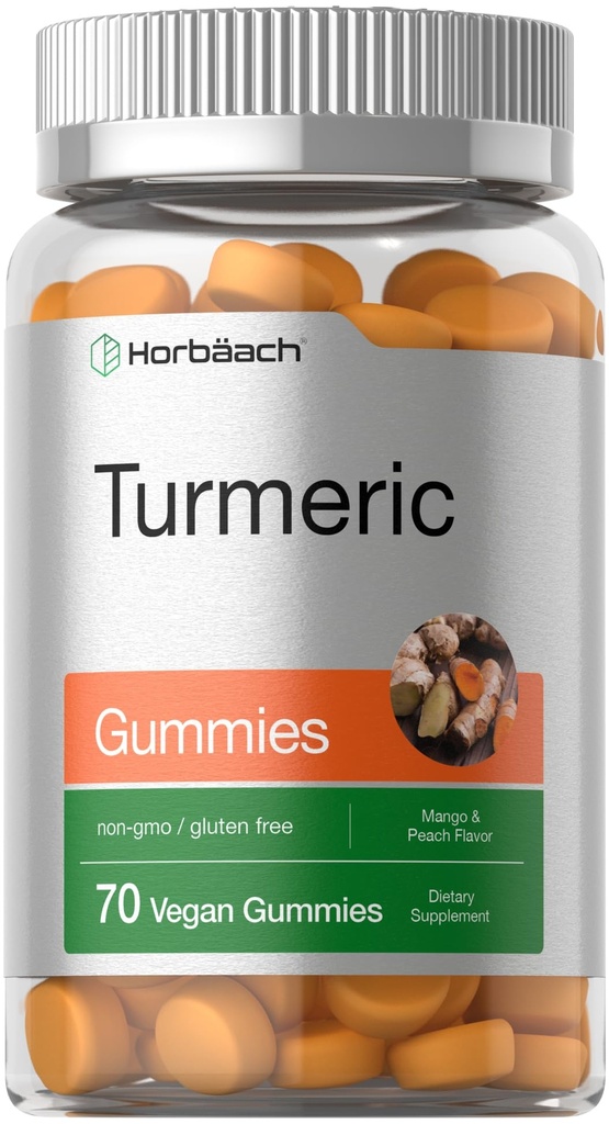 Horbäach Turmeric Gummies | 70 Count | Mango & Peach Flavor | Curcumina currica con Ginger | Vegan Non OGM & Gluten
