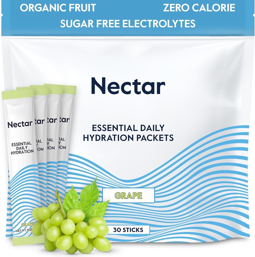 Imballaggio di idratazione del nettare - Imballaggio della polvere degli elettroliti - Calorie senza zucchero e 0 - Polvere di elettroliti del liquido di frutta organica giornaliera IV di frutta per il sollievo di disidratazione e la reidrazione rapida (Grape 30 Pack)