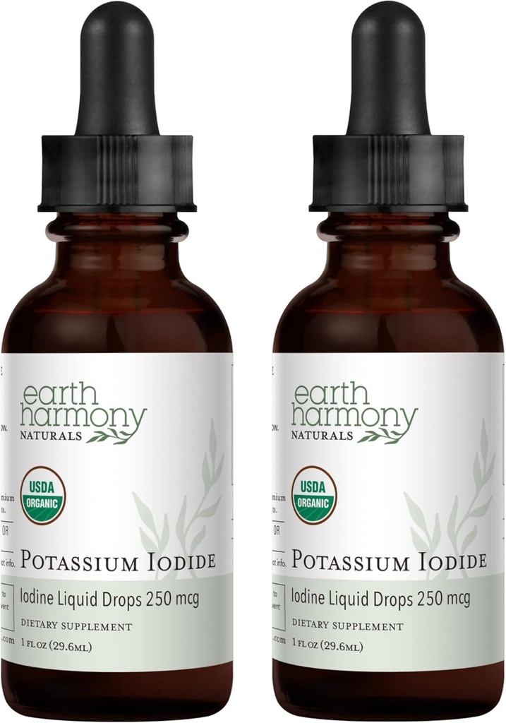 USDA Organic Potassium Iodide 250 mcg Liquid Supplemento 2-Pack (1-Year Supply) - Supporta la ghiandola tiroidea e aiuta l'esposizione e bassi livelli di iodio - Più Biodisponibile rispetto alle compresse, pillole - 1 Fl Oz