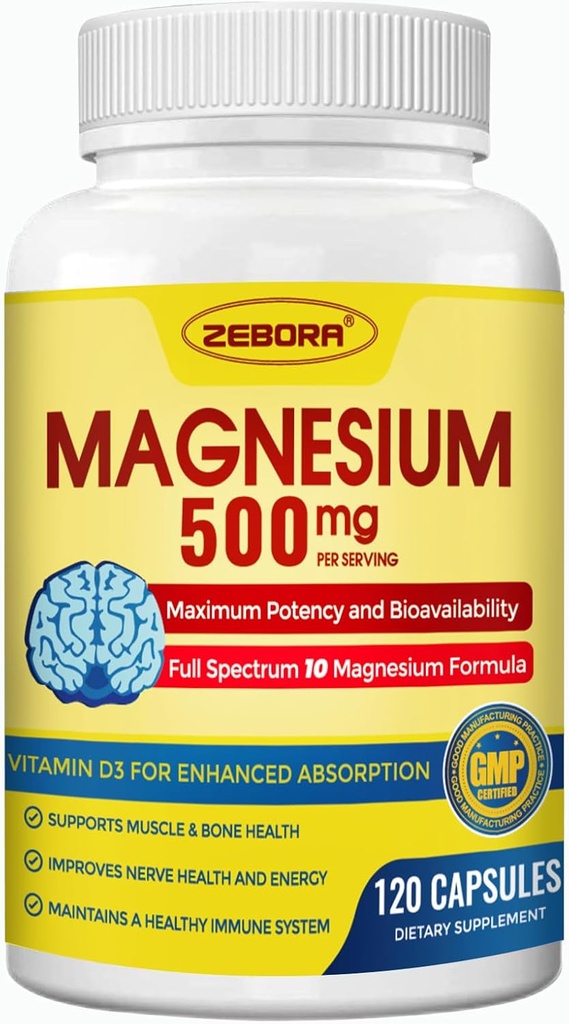 Magnesio Complesso Supplemento, 500mg di Magnesio Glycinate con Citrato & Malato, Forma Chelata per Alta Assorbimento con Zinco & Vitamina D3 per Nerve, Muscolo & Bone Supporto, 115 Capsule