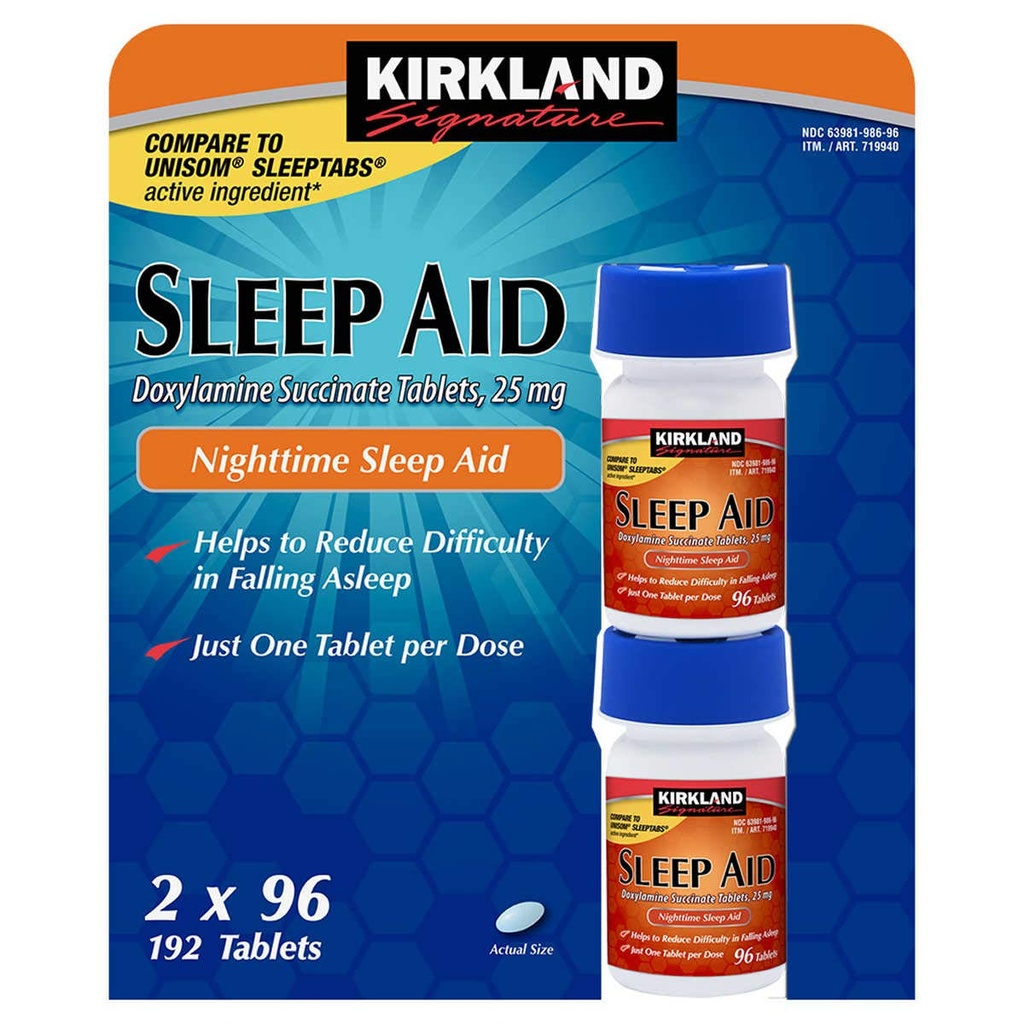 Cos7 Kirkland Signature Doxylamine Succinate Tablets ,25mg Nighttime Sleep AID - 2 X 96 Tablets (192 Tablets Totale)