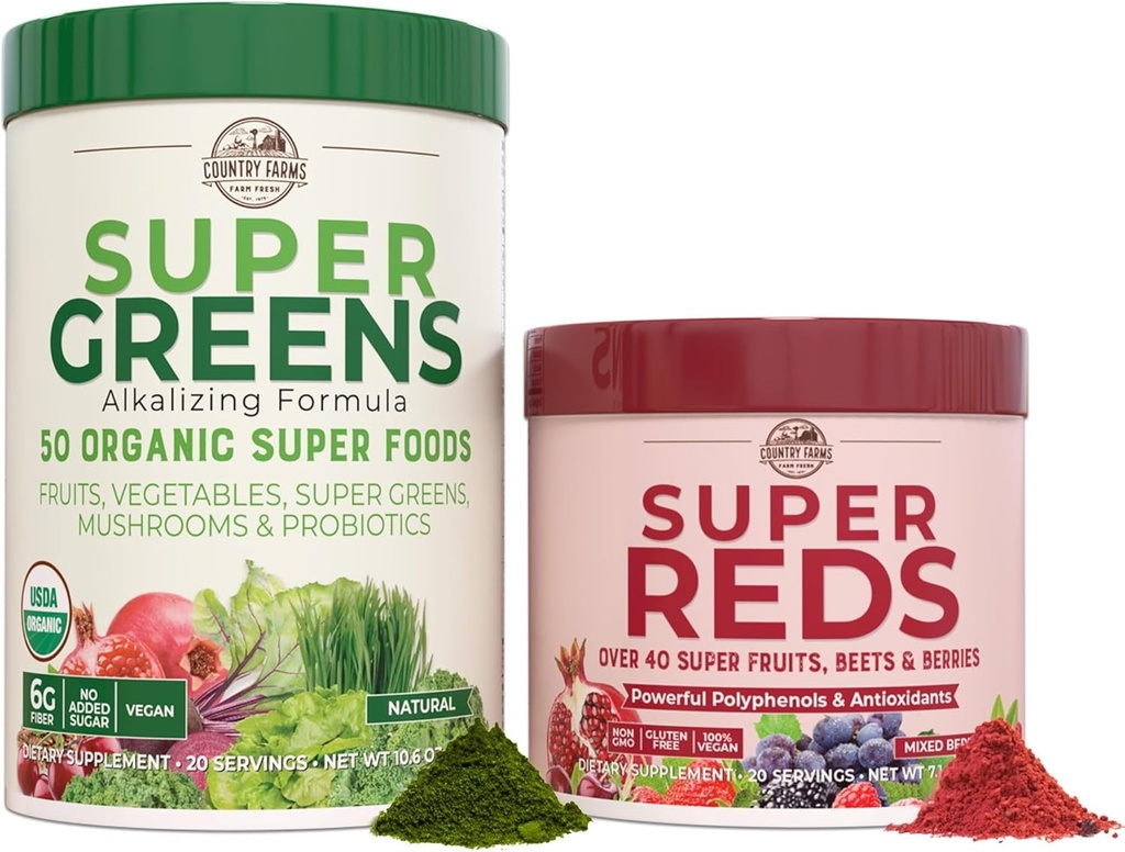 Confezione Essenziale, Super Greens Powder e Super Reds, Confezione da 50 Super Alimenti Organici e 40 Super Frutta, Energia Naturale, Supporto Bloating, Sapore non aromatizzato & Berry, 17.7 oz, 2 Confezione