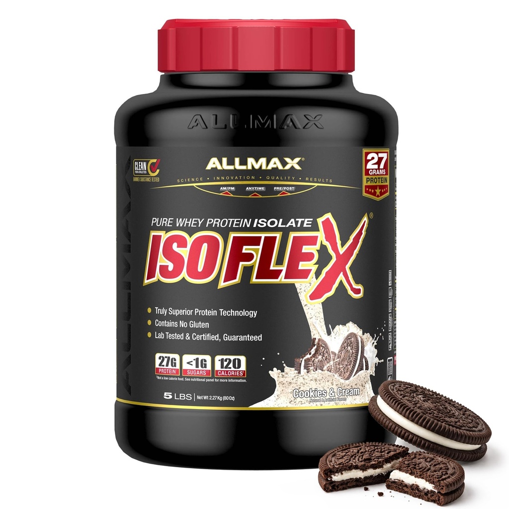 ALLMAX Nutrition - ISOFLEX Polvere di proteine del siero, isolato di proteine del siero, 27g proteine, biscotti e crema, 5 Pound