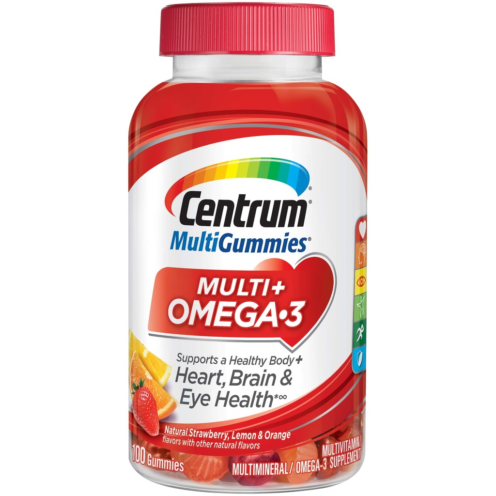 Centrum MultiGummies Omega 3 Gummy Multivitamin per adulti, Multivitamin/Multimineral Supplemento, Strawberry/Lemon/Orange Flavors - 100 Count