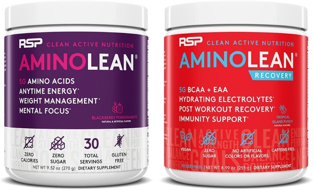 RSP NUTRITION AminoLean Pre Workout Energy (BlackBerry Pomegranate 30 Serve) con AminoLean Recovery Post Workout Boost (Tropical Island Punch 30 Serve)