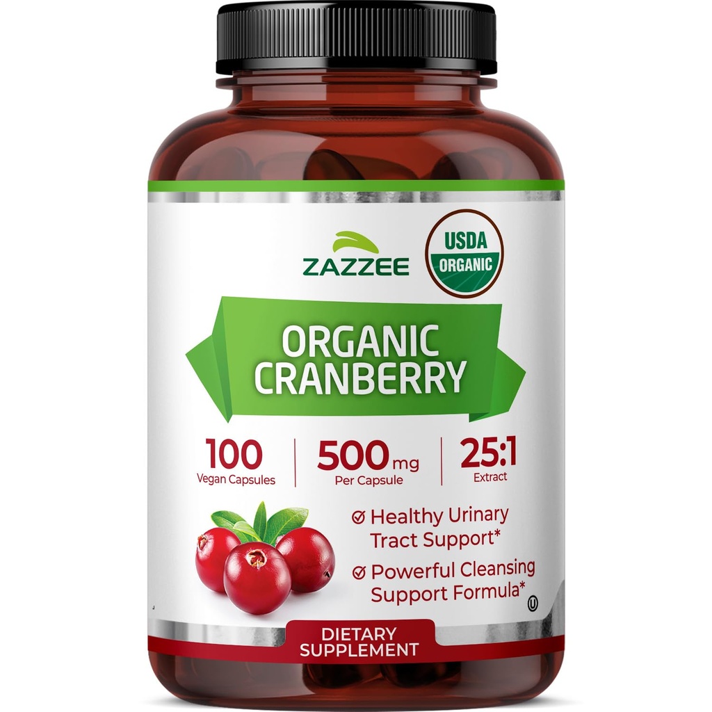 Zazzee USDA Organic Cranberry 25:1 Extract, 500 mg per Capsule, 100 Vegan Capsule, Oltre 3 mesi di fornitura, Standardized, Concentrato 25X Extract, 100% Vegetariano, Certificato Organico, Non-OGM All-Natural