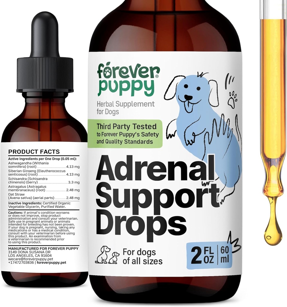 Forever Puppy supporto surrenale gocce per cani - Pure Ashwagandha & Ginseng Root Tincture per la salute e l'energia surrenale supporto - Calming Care Liquid Supplement per cani di tutte le razze e dimensioni - 2 oz