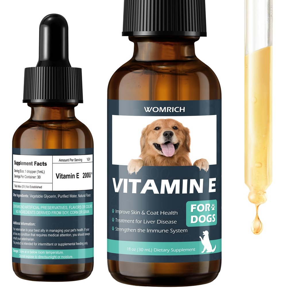 Vitamina E per Cani - Vitamine E - Vitamina E Dropper per Cani, Migliorare la salute della pelle e dei cappotti, Trattamento per la malattia del fegato, Rafforzare il sistema immunitario - Formula naturale per tutte le età e razze - 30 ML