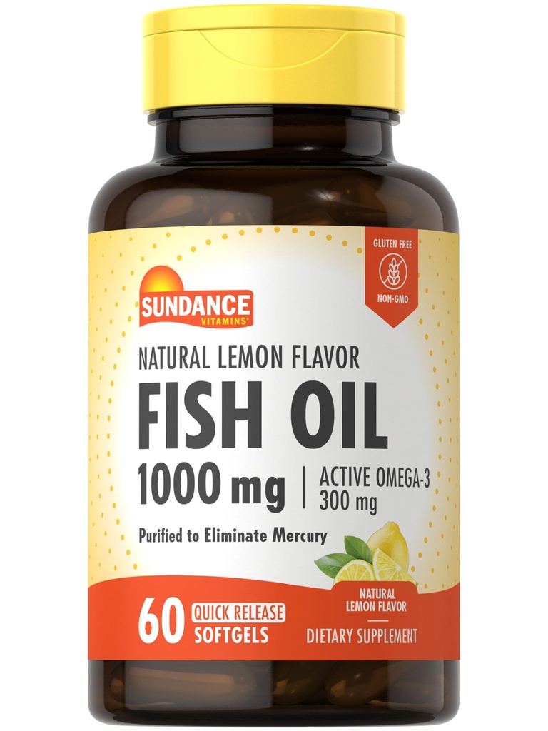 Sundance Fish Oil 1000mg | 60 Softgels | Natural Lemon Flavor | con Active Omega-3 | Non OGM e Gluten